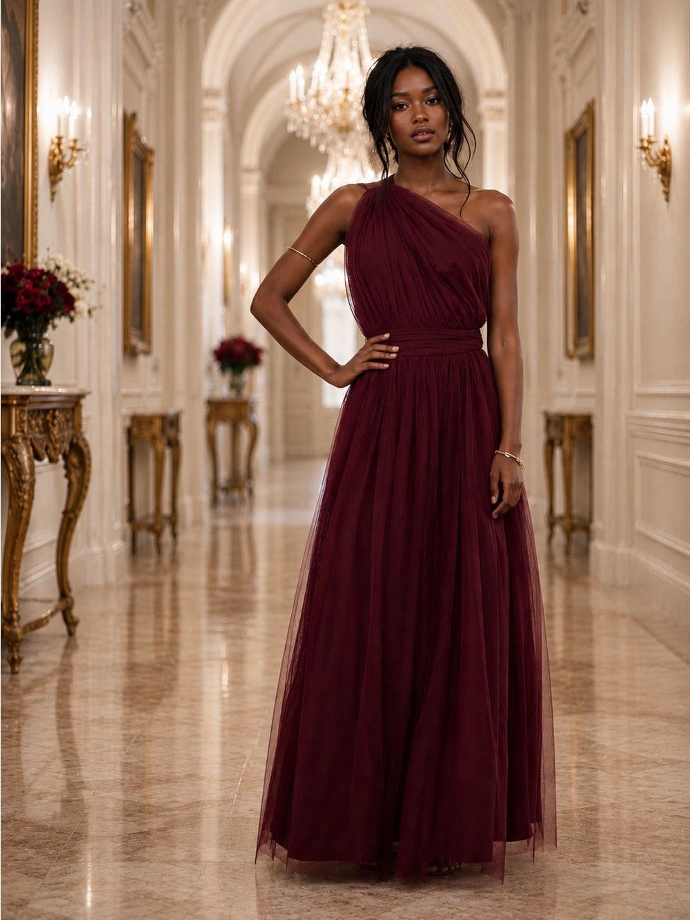 ASOS DESIGN One Shoulder Tulle Maxi Dress Oxblood Size 10 Formal One-Shoulder